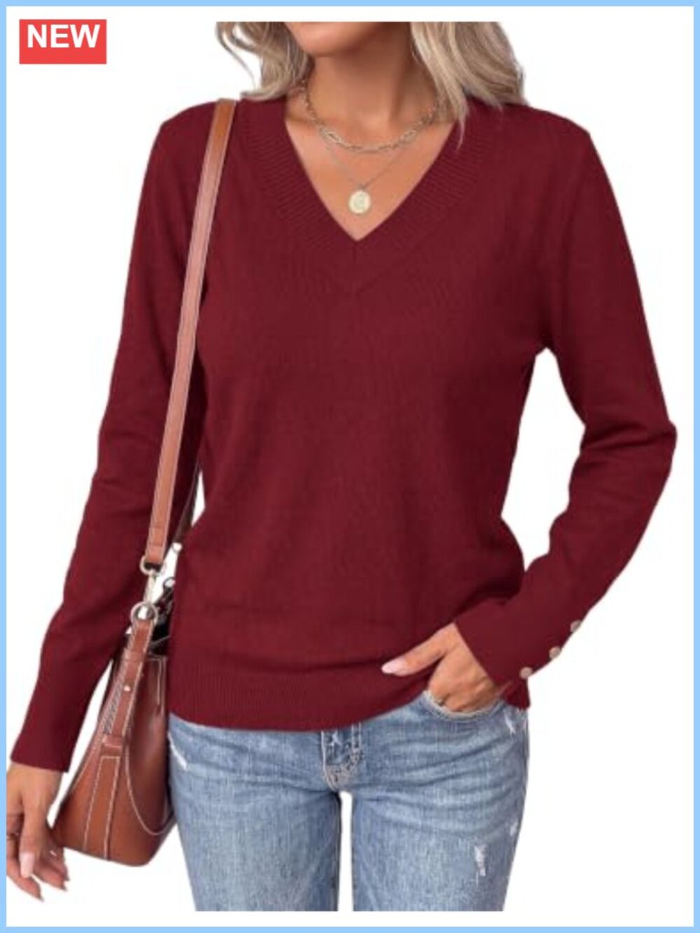 Womens V Neck Knit Pullover Sweater Lightweight Cozy Fall Top